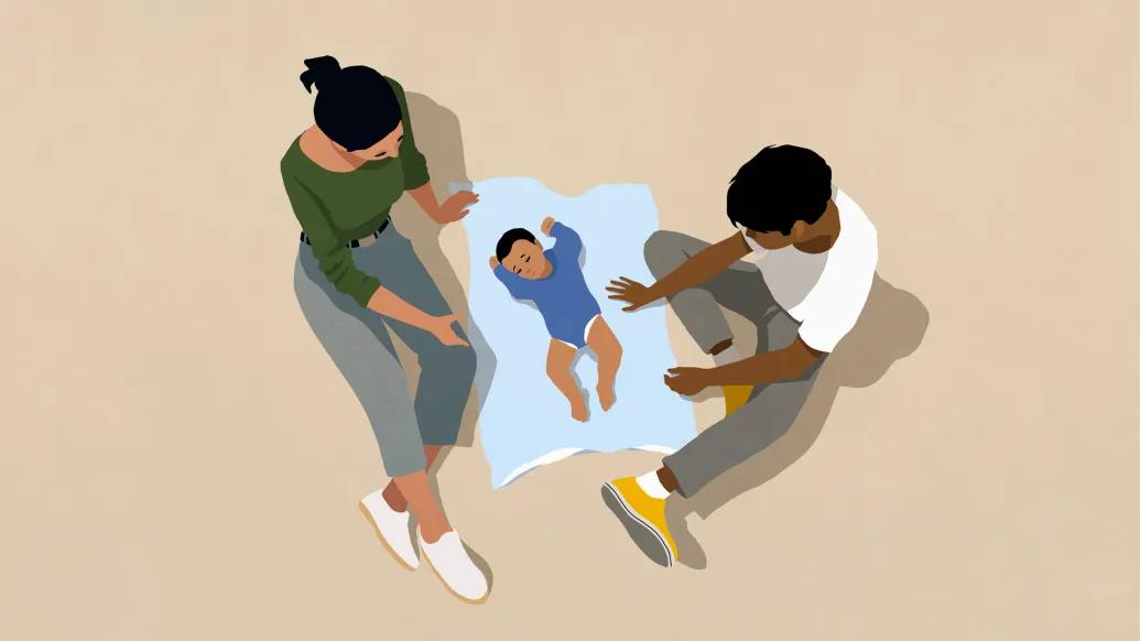 drawing of couple with baby on blanket in between them on ground