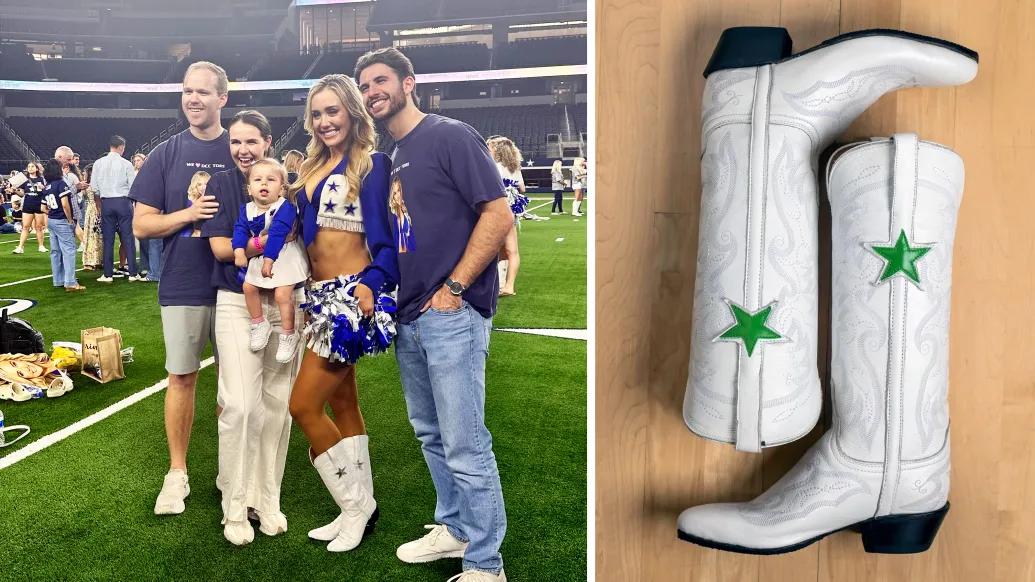 dallas cheerleader with parents and baby and boots on right in white with green star