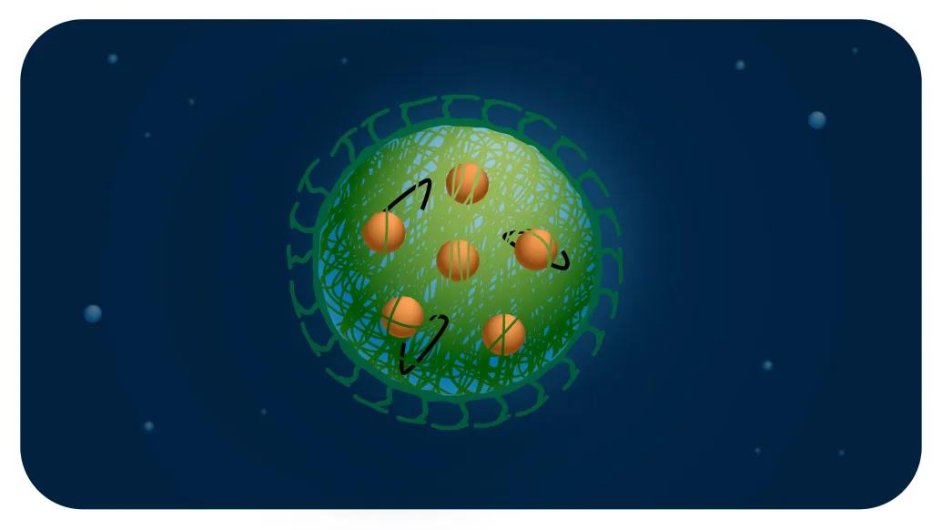 cells floating green in middle orange smaller ones navy background