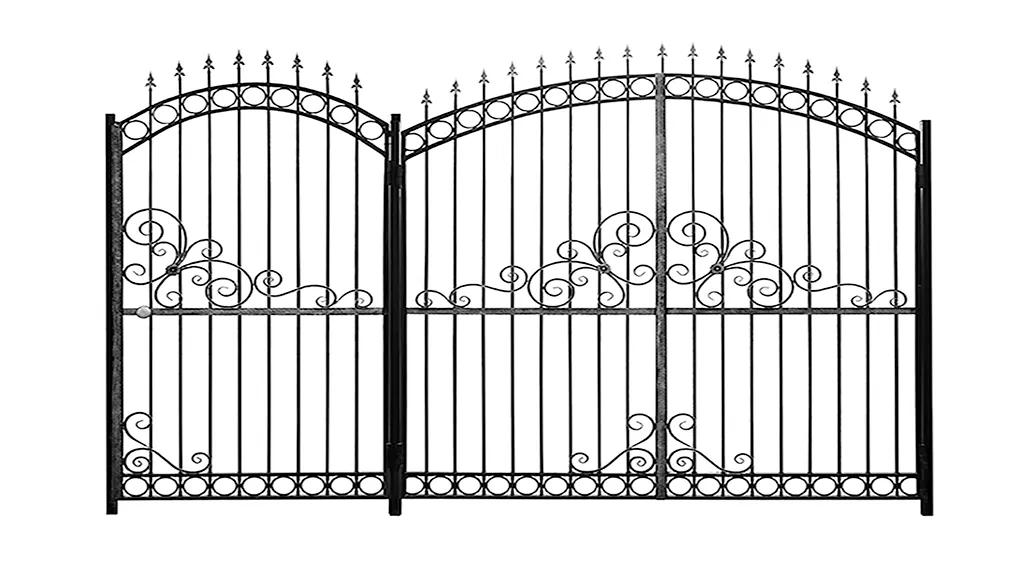 Wrought iron gate with decorative swirls in the middle.