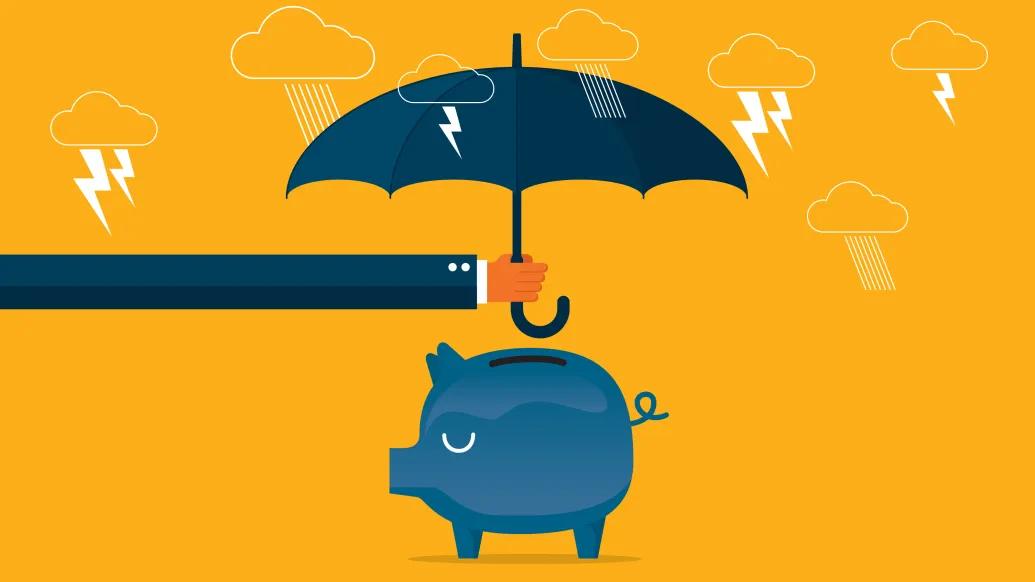 blue piggy bank with umbrella over it and lightening bolts white yellow backyard