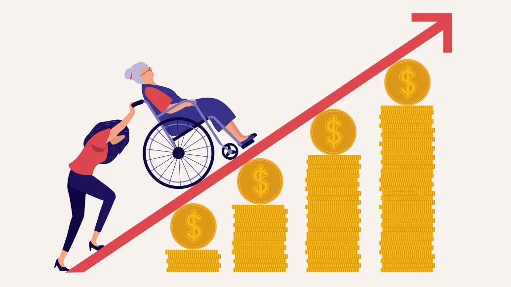 pushing wheelchair up a red arrow ontop of gold coins 
