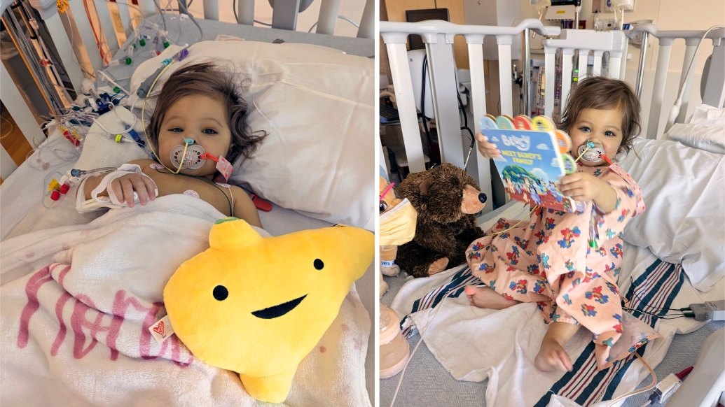 little girl in hospital bed with liver pillow