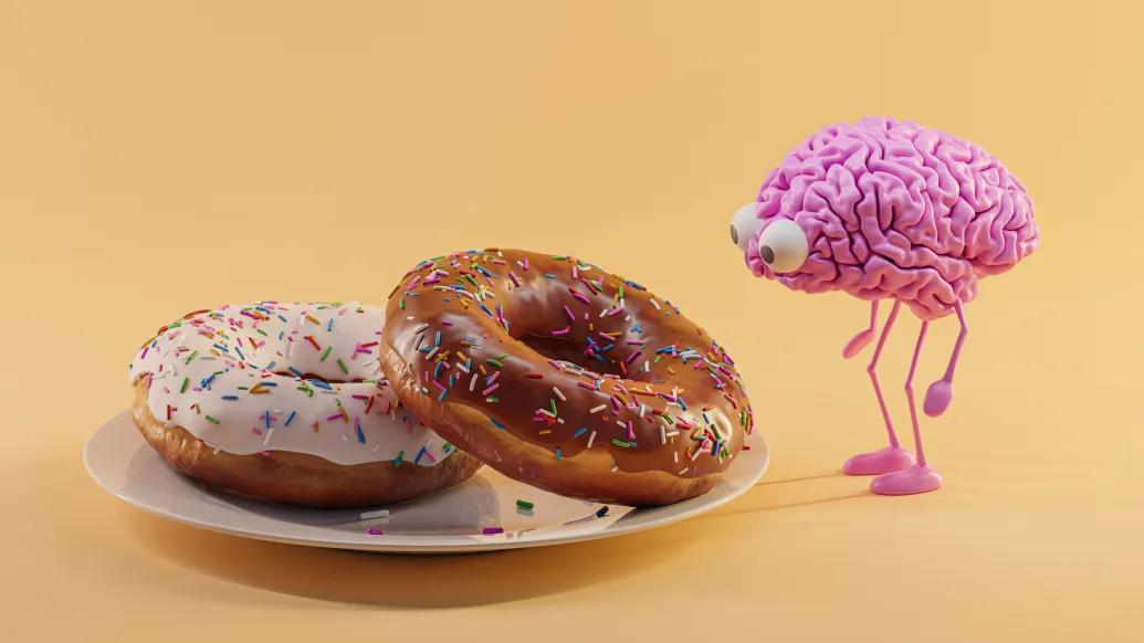 donut with brain character looking at plate