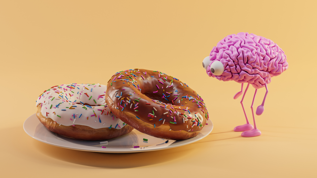 donut with brain character looking at plate