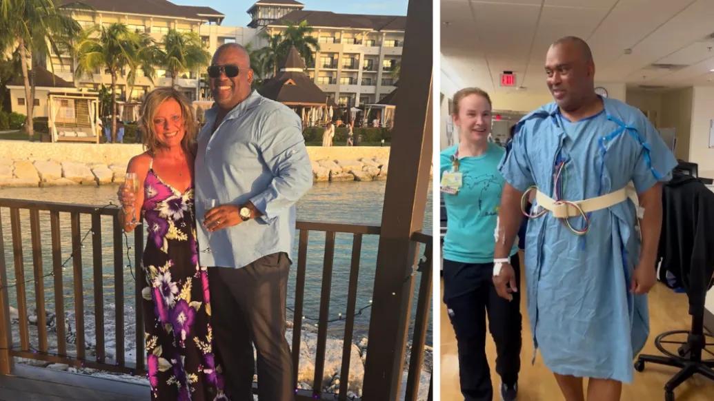 Man stands with woman in front of water and sand in a tropical setting.  Second picture on the right is a man in a hospital gown walking with a health care worker besde him