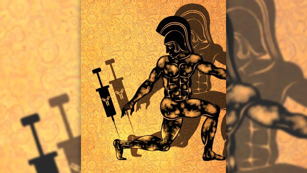 needle going into heel of roman looking warrior yellow background dark brown figure