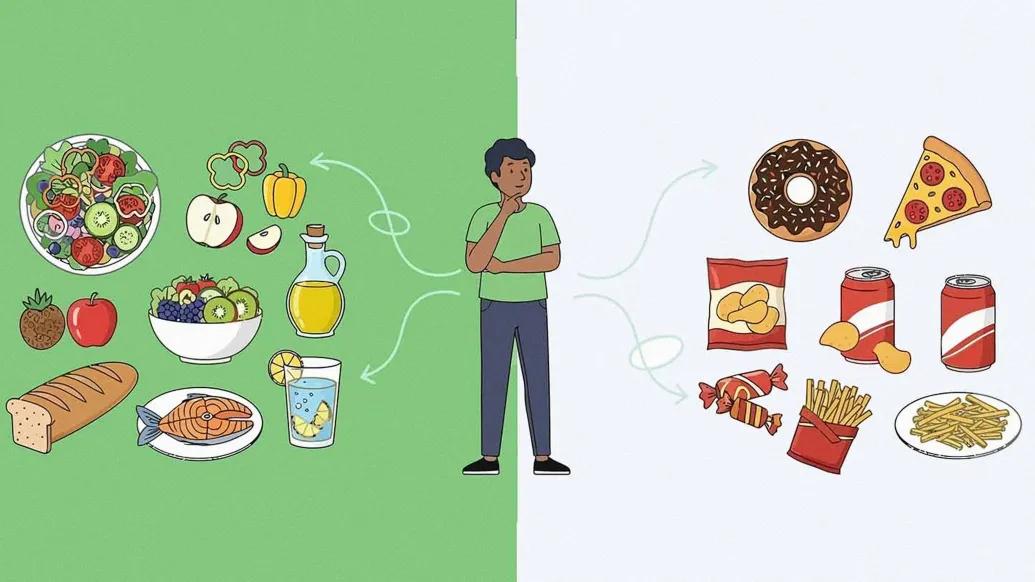 person thinking of healthy food and junk food