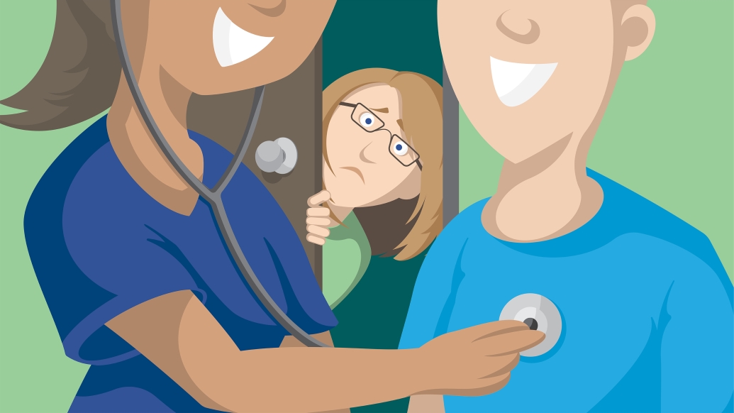 close up on doctor with teen and mom outside door looking in worried green walls