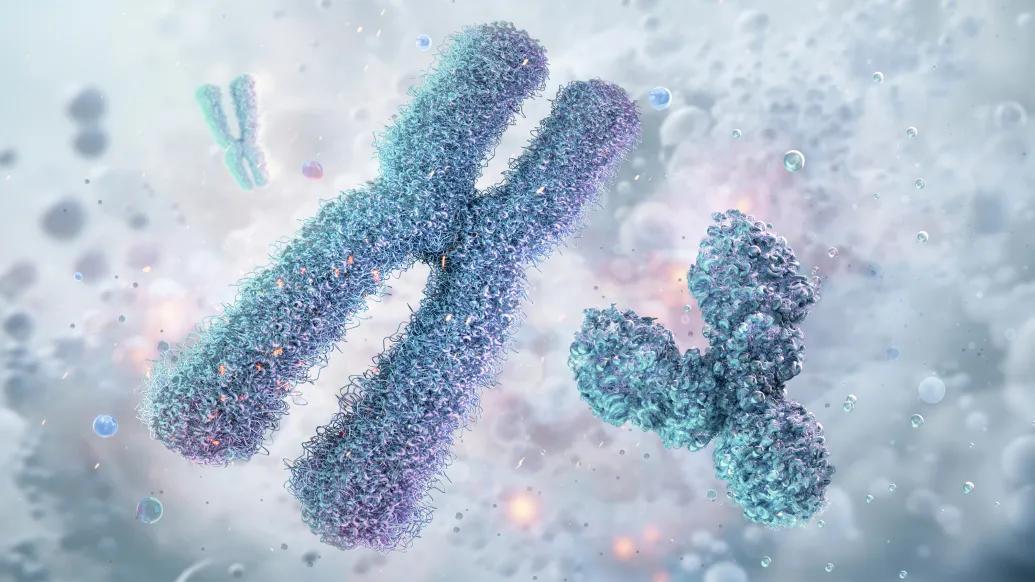 cells floating one looks like an x one looks like a y fuzzy blue vague blue white grey background