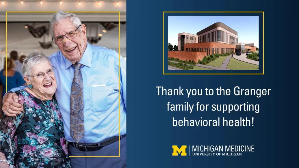 Portrait of Al and Janice Granger smiling and hugging with rendering of new behavioral health hospital and text thanking the family for a gift