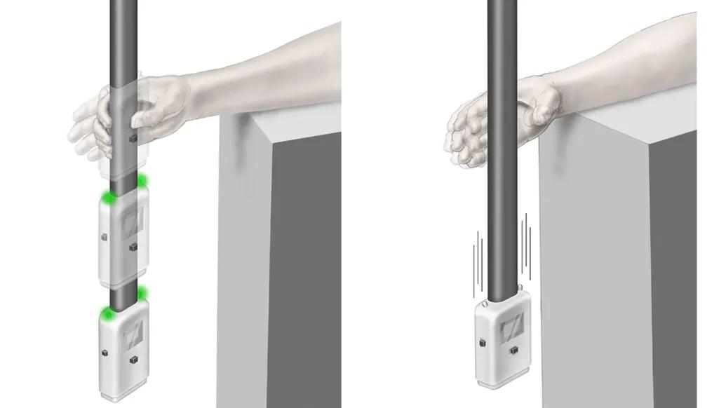 On left side, a ReacStick is being dropped. A hand is reaching out to grab the stick with green lights illuminated. On the right side, the ReacStick is being dropped with no lights illuminated. The hand is letting the stick fall. 