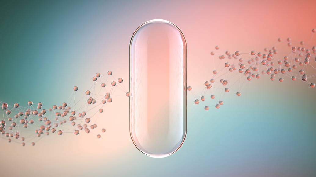 clear see through pill floating with other little pills behind in blue teal pink background