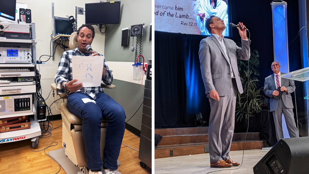 same man singing sitting on left in exam room as man standing singing on right