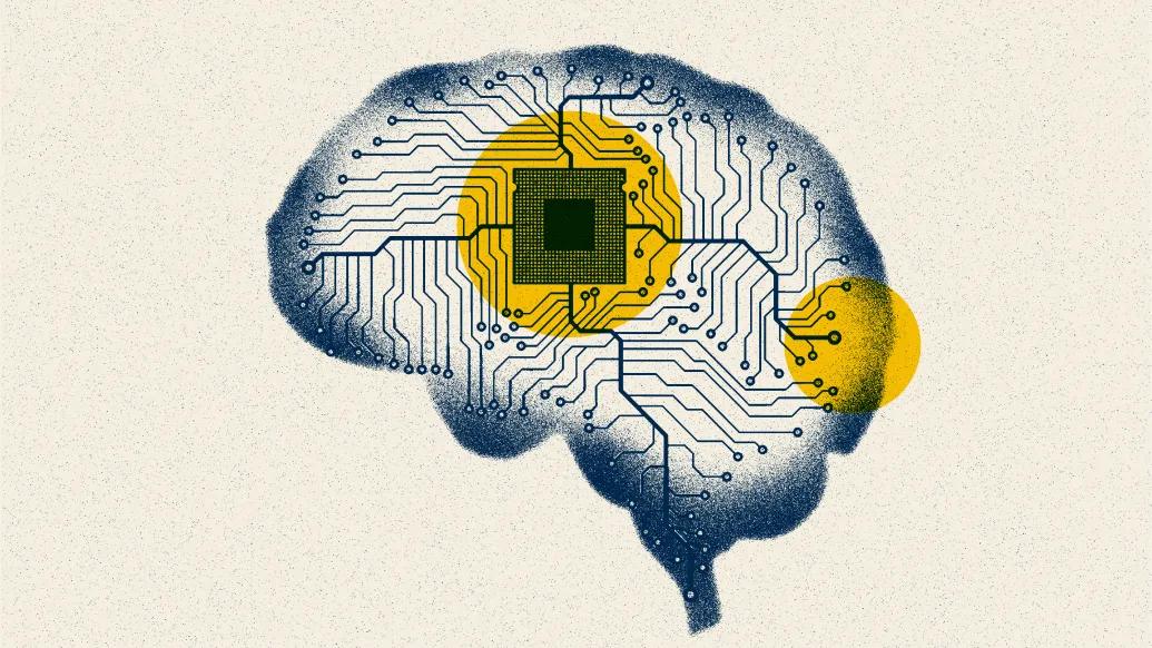 An illustration of artificial intelligence as computer circuits on a brain