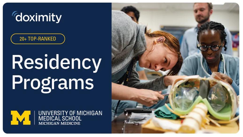 Residents working in the simulation center with text detailing that the U-M Medical School has 20+ top residency programs in this year's Doximity rankings. 