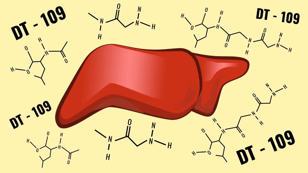 A stylized illustration of a human liver surrounded by several molecular structures labeled "DT-109" on a light yellow background. The liver is depicted in a reddish-brown color. The molecular structures include chemical bonds and letters, indicating a compound related to DT-109.