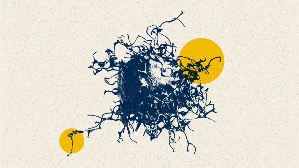 cancer cell floating with yellow dots drawn out blue 