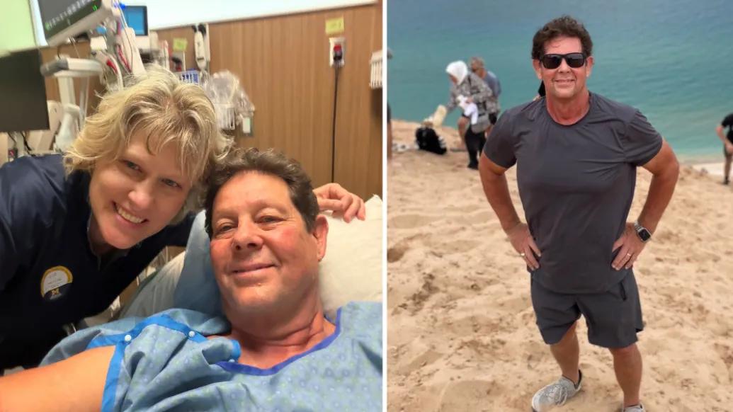 A man and woman post for a selfie while he is in a hospital bed and a gown. On the right, the same man stands on the beach in front of the water