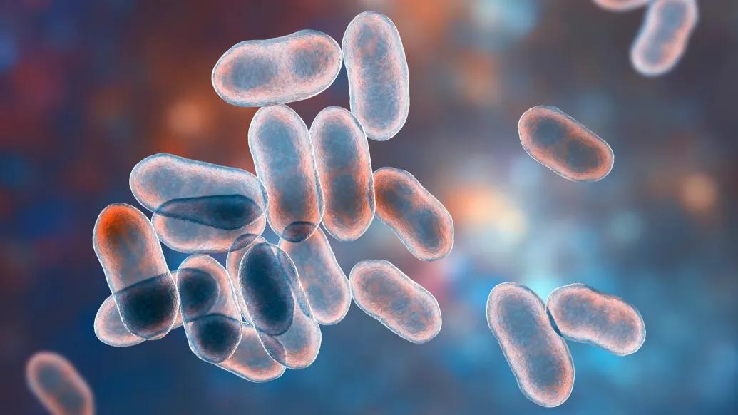 small bacteria cells floating on blue background reddish tint