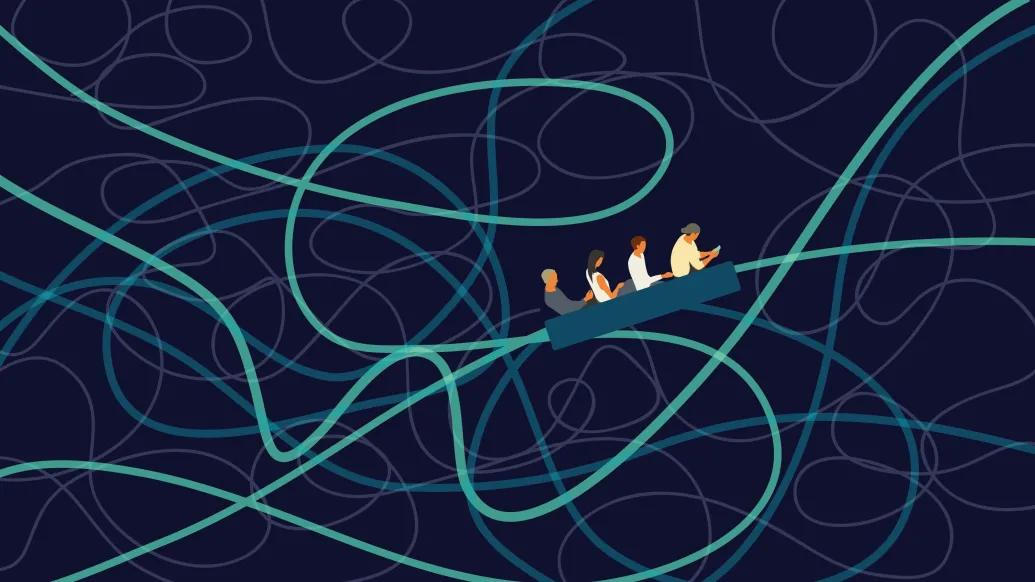 Illustration of a tangle of lines like a roller coaster with four people trapped in a car on one of the lines