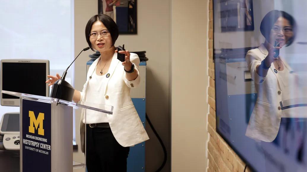 Zhen Xu, the Li Ka Shing Professor of Biomedical Engineering, a professor of radiology and neurosurgery, and a co-inventor of histotripsy, speaks at the ribbon cutting for the U-M Histotripsy Center. 
