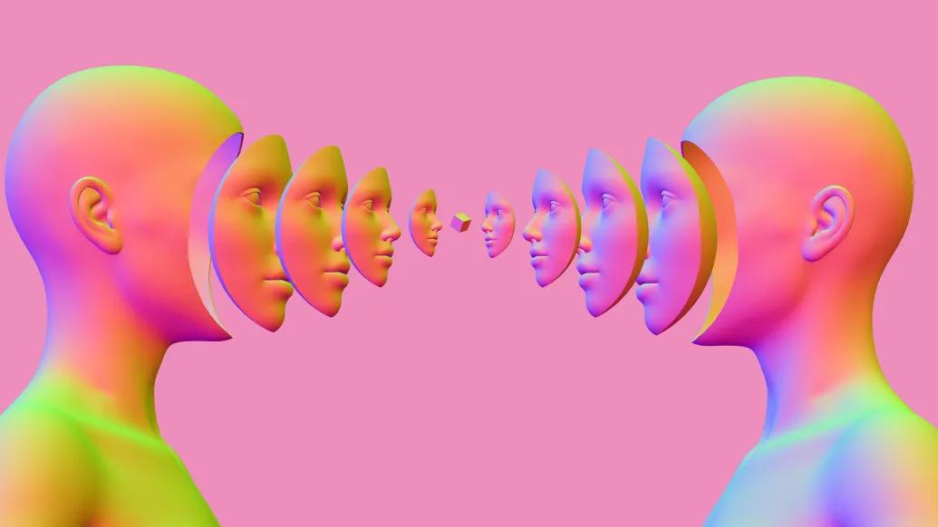 pink background faces facing eachother look accordian like and going bigger to smaller towards eachother