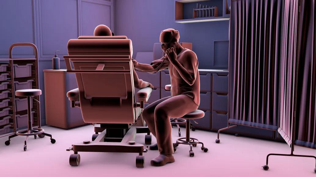 Purple shaded illustration of doctor listening to heart of patient on a bed