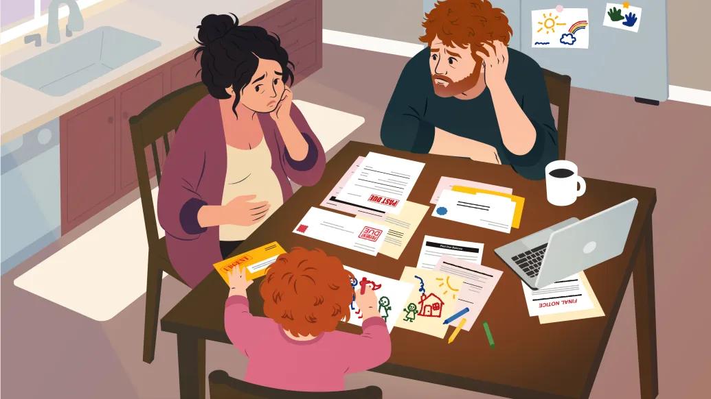 Graphic of parents stressed about bills