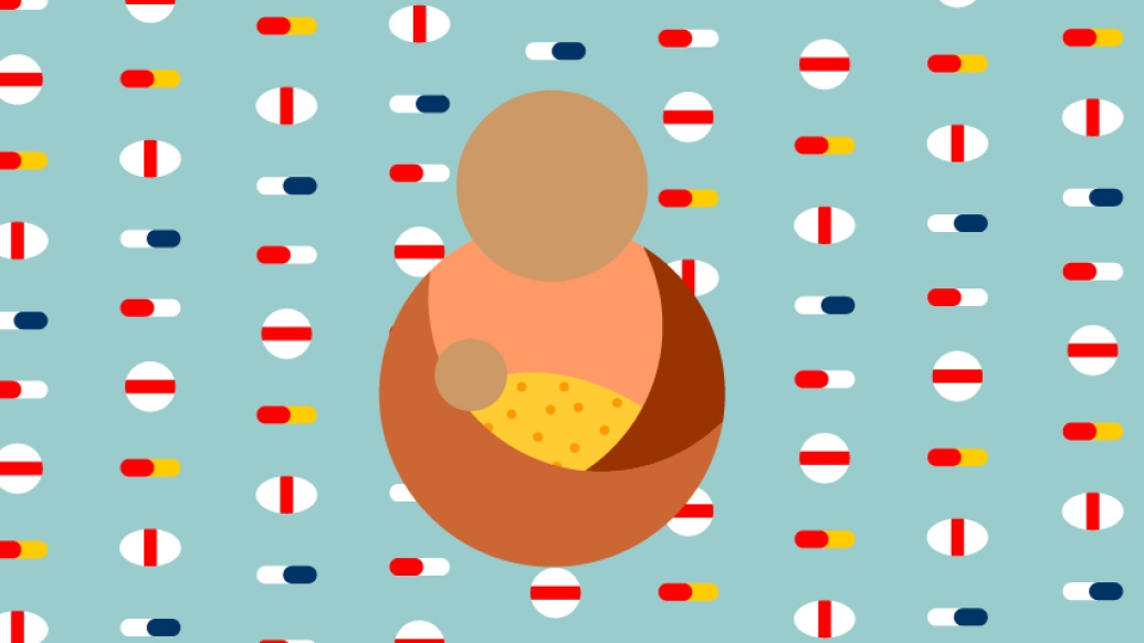 Graphic of mother holding a swaddled baby with capsules as the background