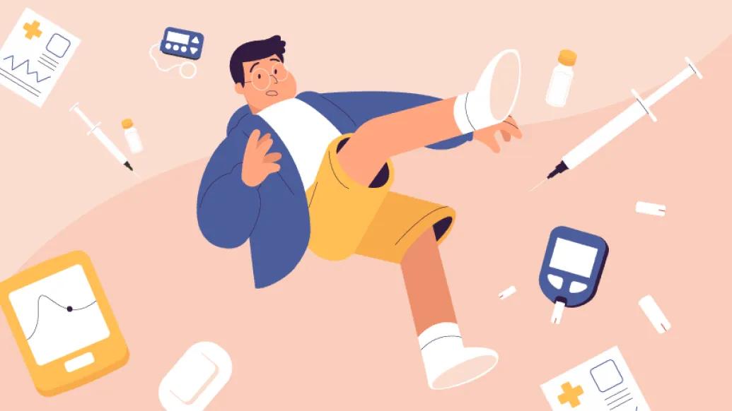 boy falling in air with pink background of glucometer and syringes
