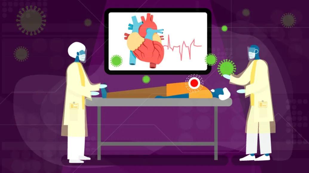 illustration of two people standing over patient with heart on monitor and green COVID germs floating around