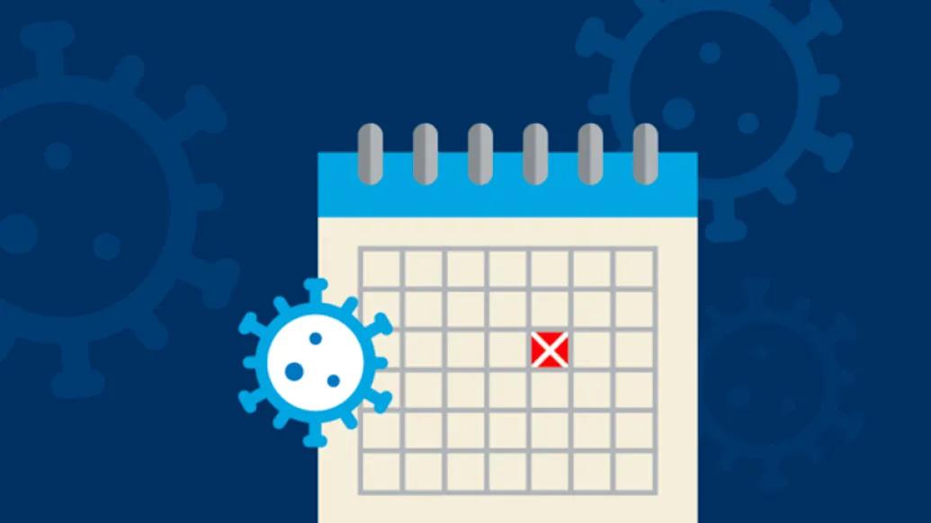 calendar page with red square and covid germ floating in blue and white