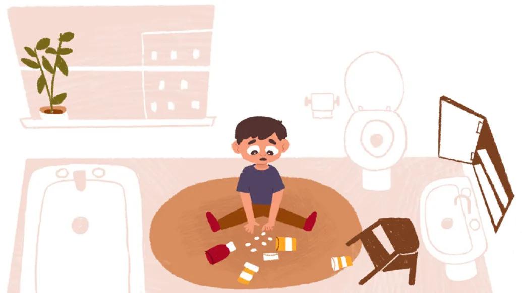 child on floor bathroom with pills pink light orange 