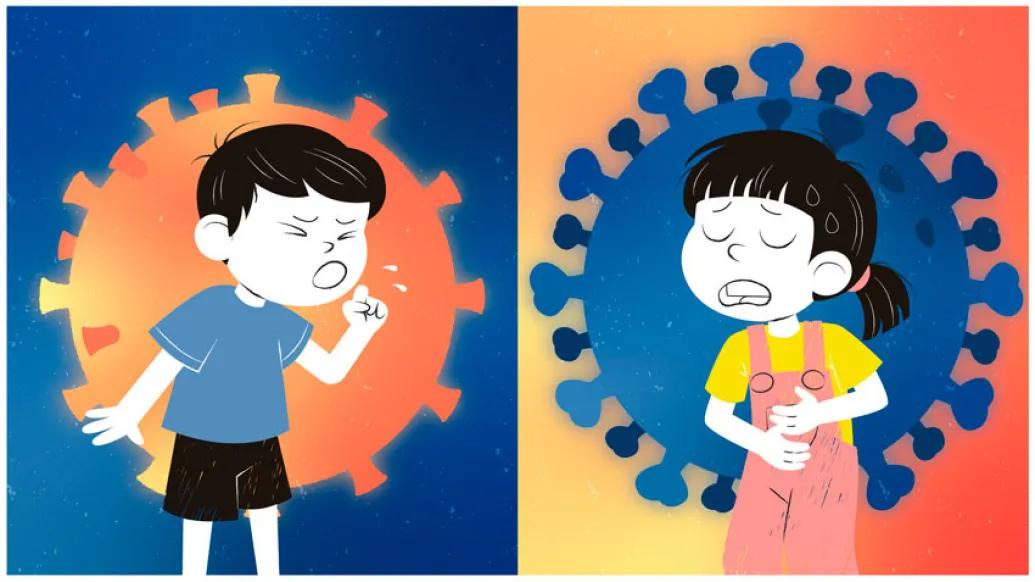 Children coughing touching face and holding stomach
