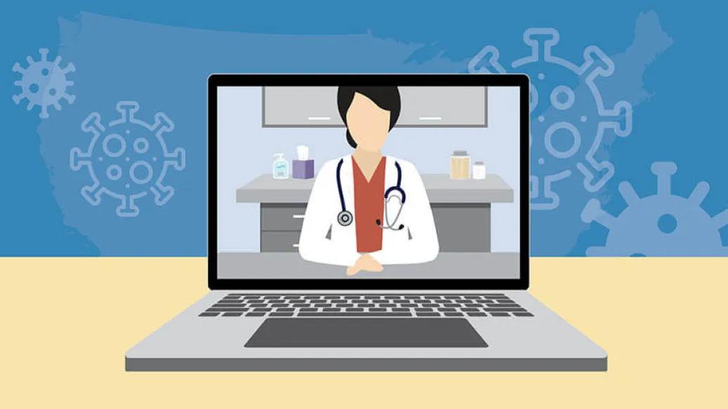Covid telehealth laptop talking with doctor