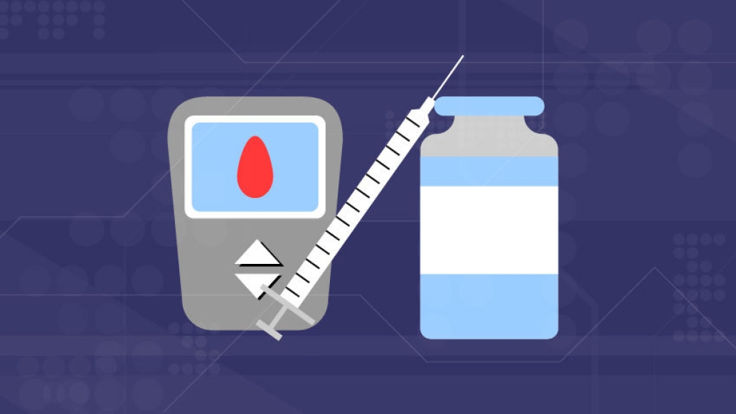 diabetes monitor, syringe and bottle