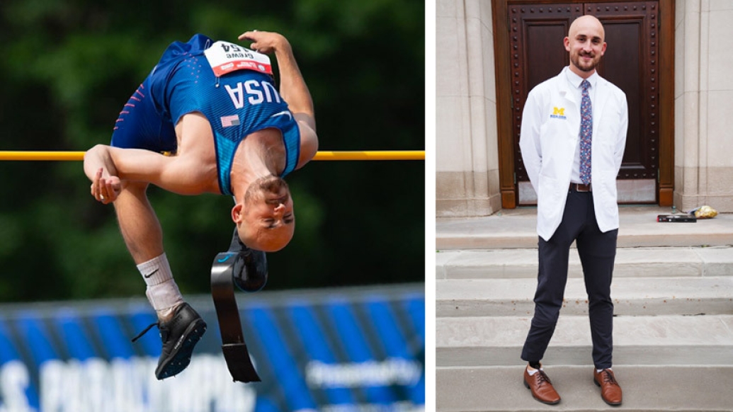 man jumping and bending over bar in olympic uniform and then on right in medical white coat posing
