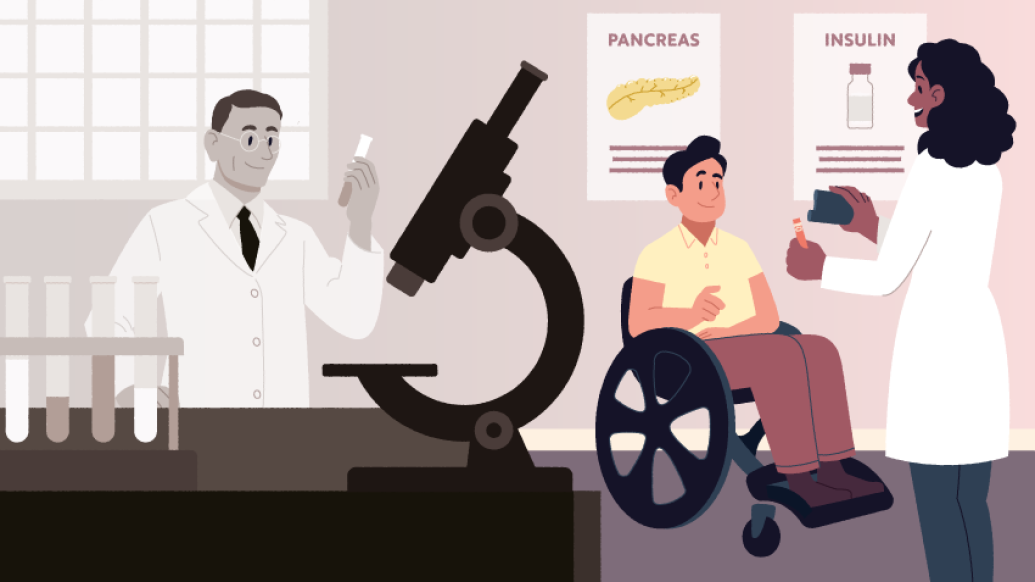 doctor at microscope in black and white wheelchair insulin in photo next to it in a yellow shirt with doctor in color