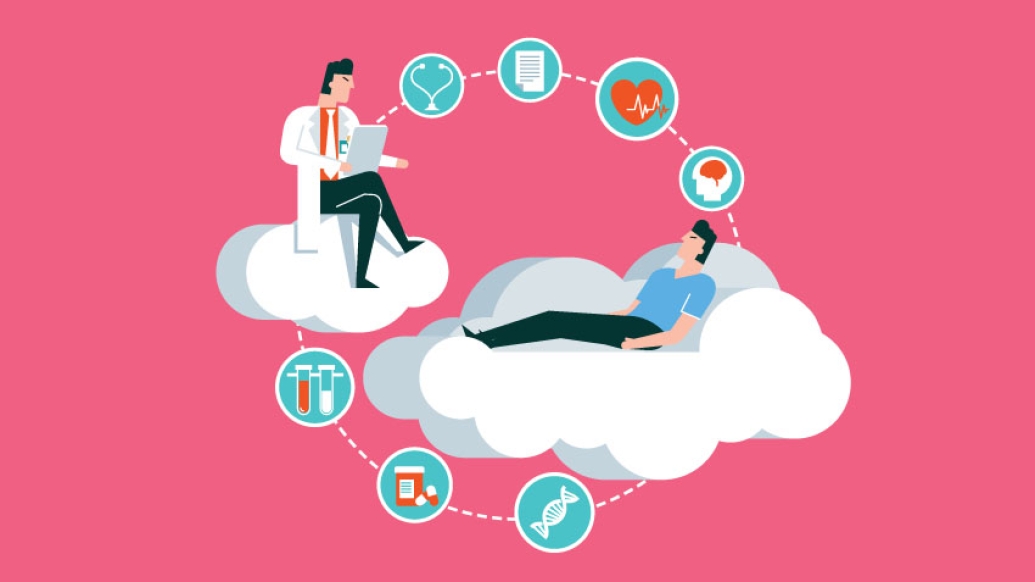 Doctor and patient floating on clouds surrounded by icons relating to heart.