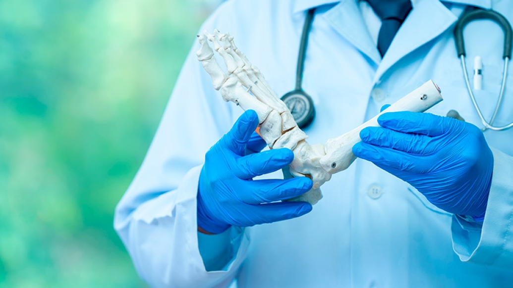 Doctor in White Coat with Foot Bones