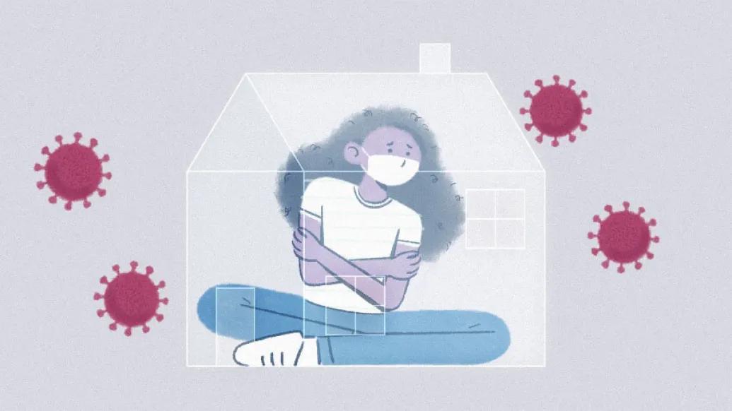 Girl sitting on floor with legs and arms crossed wearing a mask, in a glass house, purple virus' floating around, lavender background