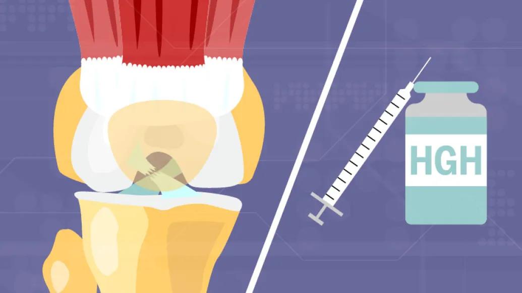 inside of a knee with HGH bottle and needle