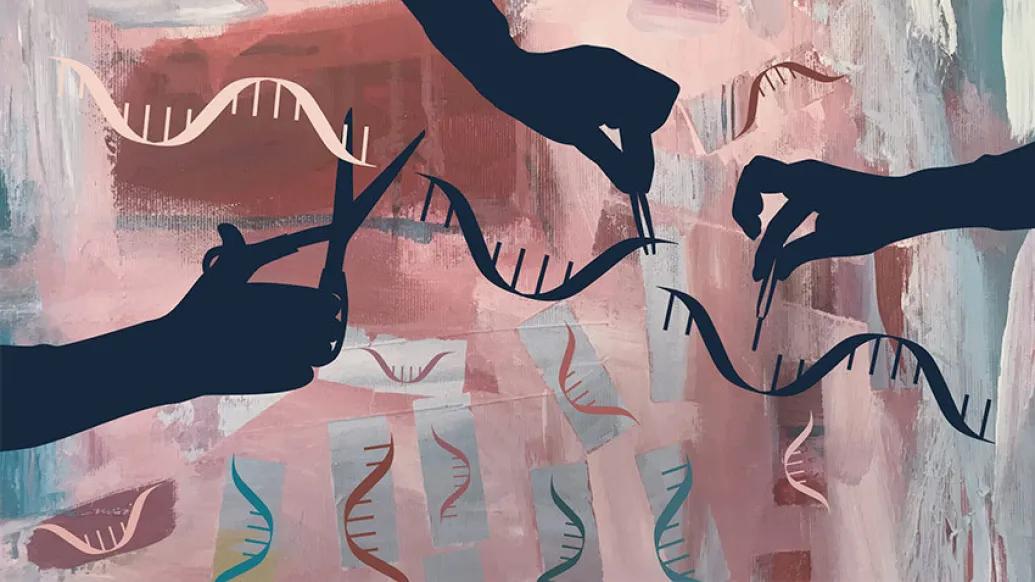 hands cutting and tweezing at a dna strip blue pink colors background
