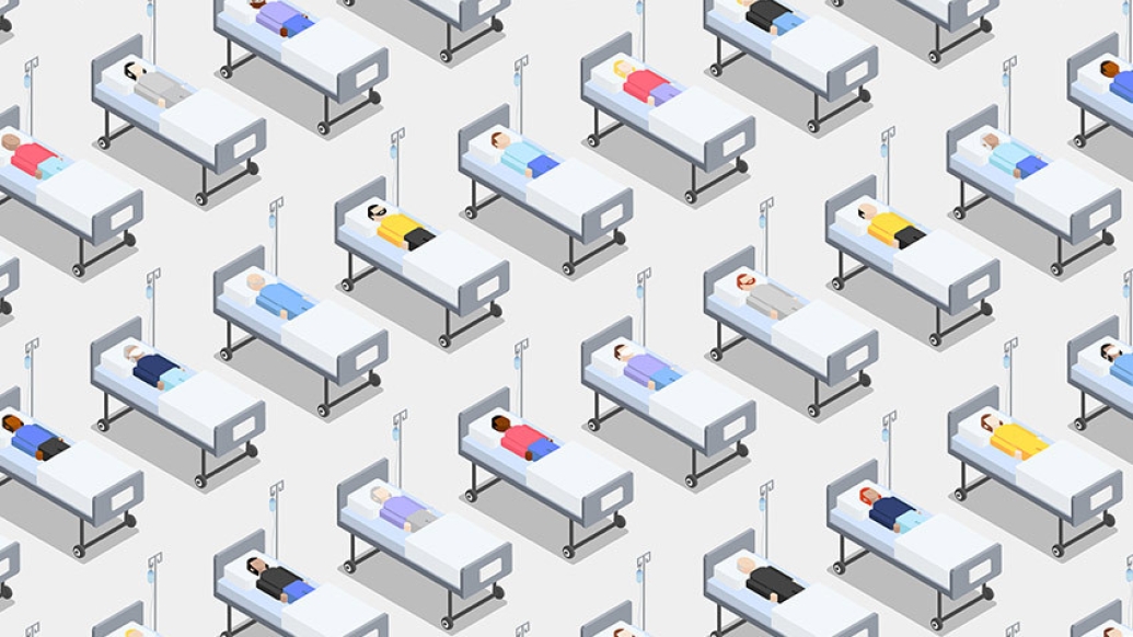 hospital beds crowded different patients white background and beds