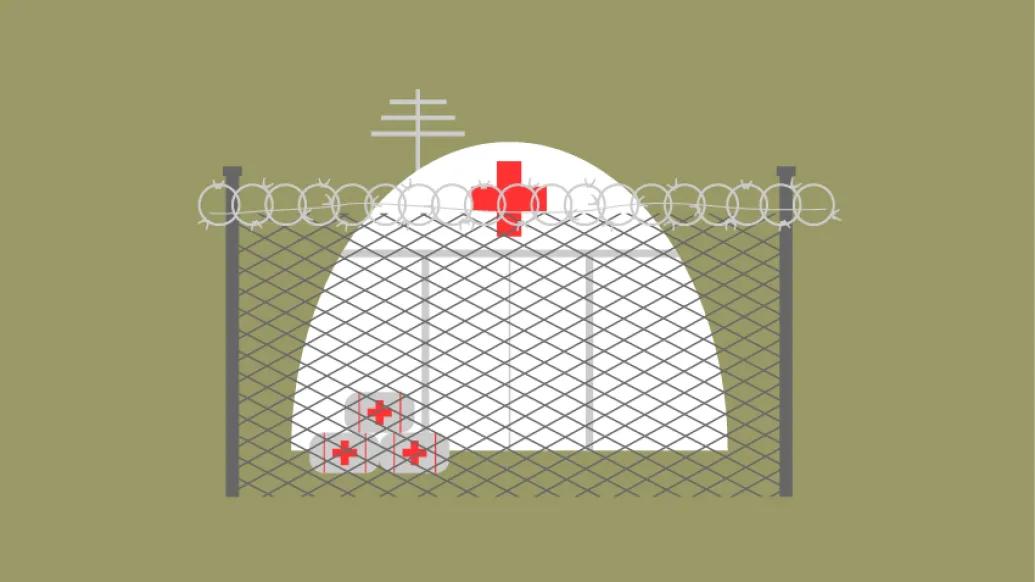 Graphhic of a white tent with a red cross within a fenced area.