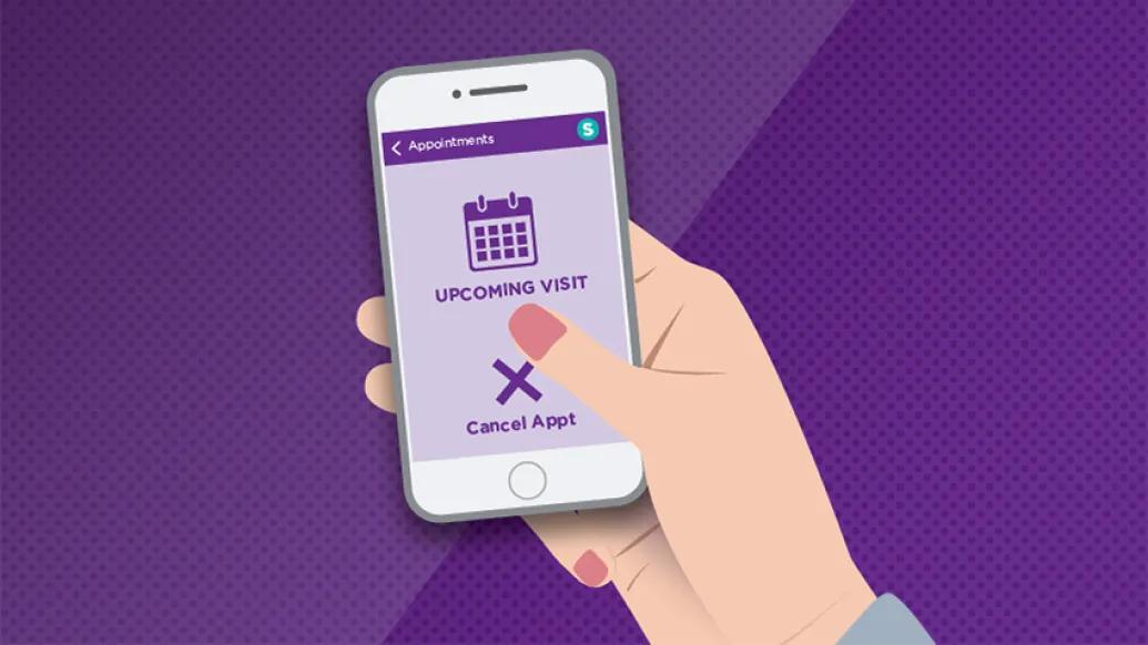 iphone in hand with purple background showing medical appointment reminder