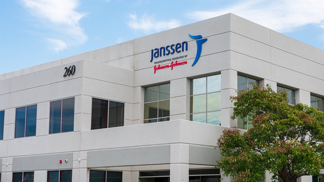 Janssen and johnson&amp;amp;Johnson building with windows and blue sky with white clouds