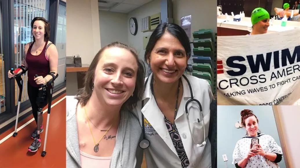 Photos of woman at the doctor's office and a swim meet
