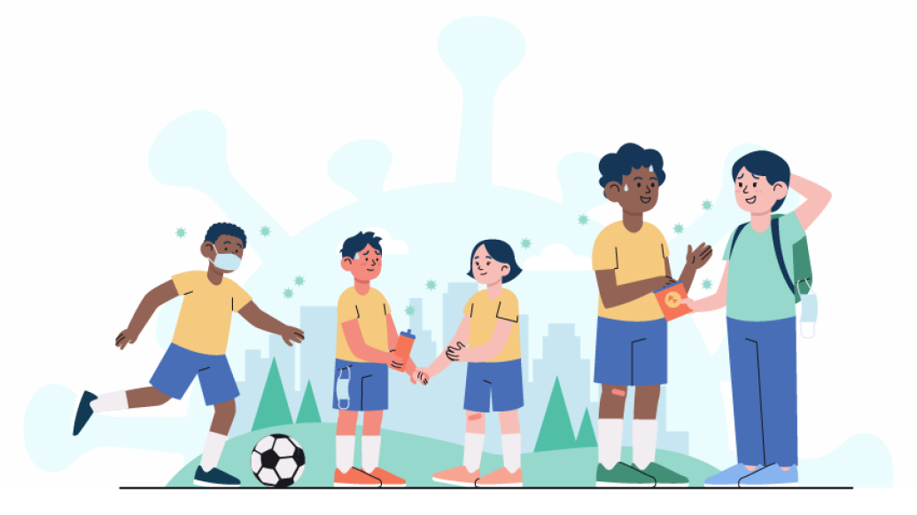 kids soccer talking outside with two parents with only one person wearing a mask properly and virus particles floating around and looming in background in teal color